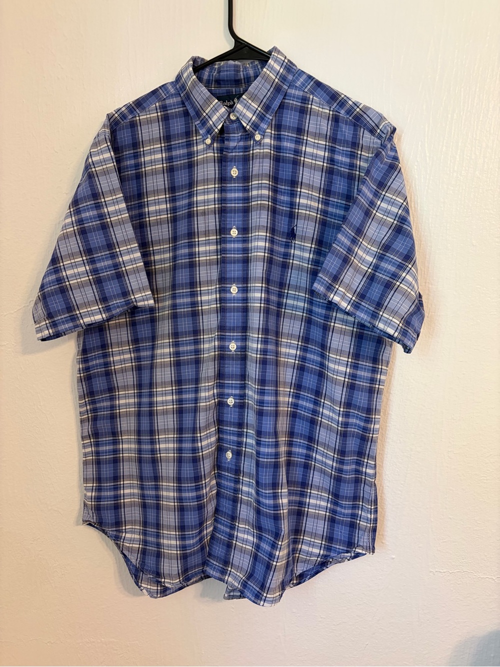 Ralph Lauren Blue and White Plaid Short-Sleeve Button-Down Shirt
